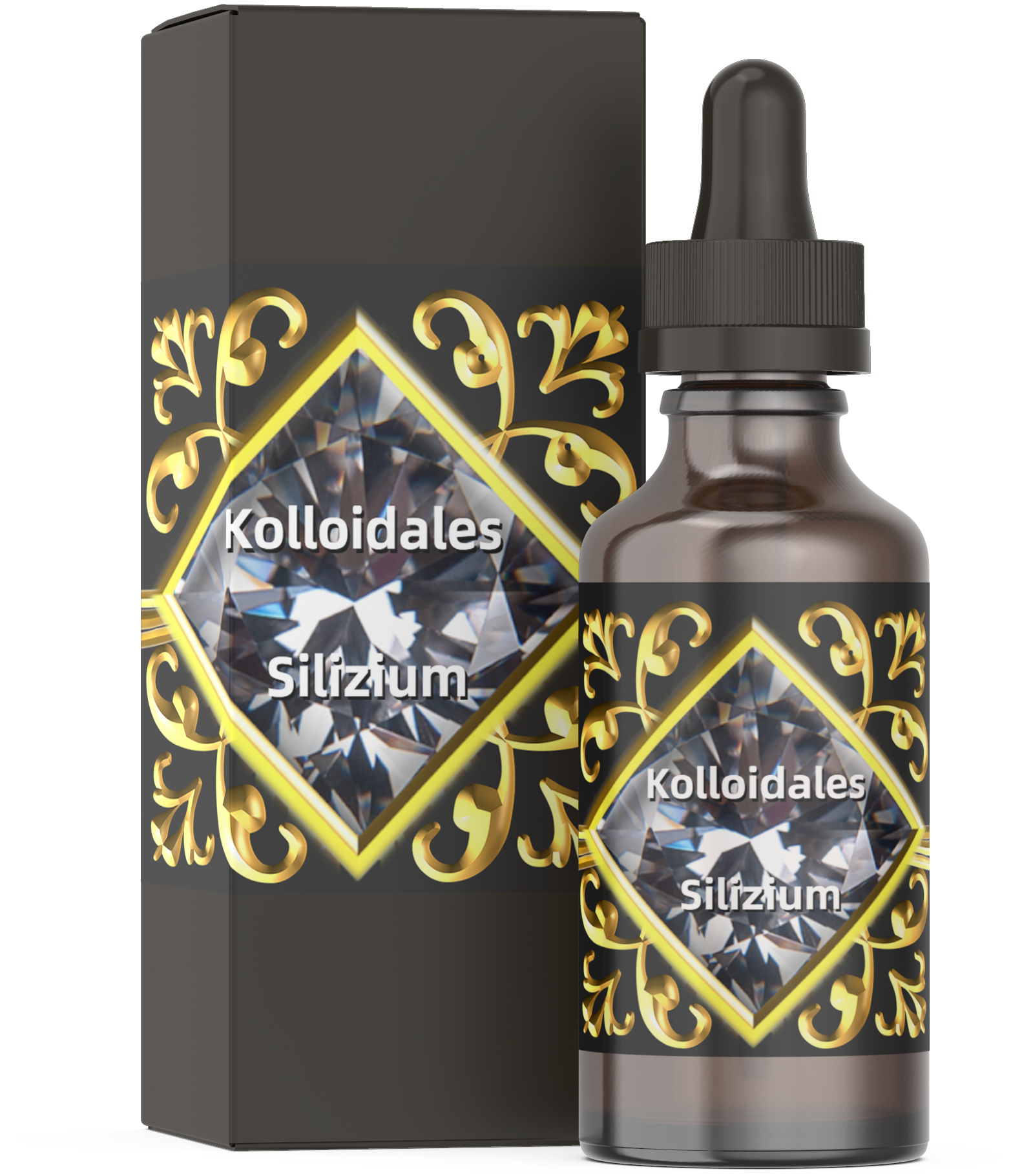 Flasche und Verpackung von kolloidalem Silizium mit elegantem, goldfarbenem Design und Diamant-Muster.